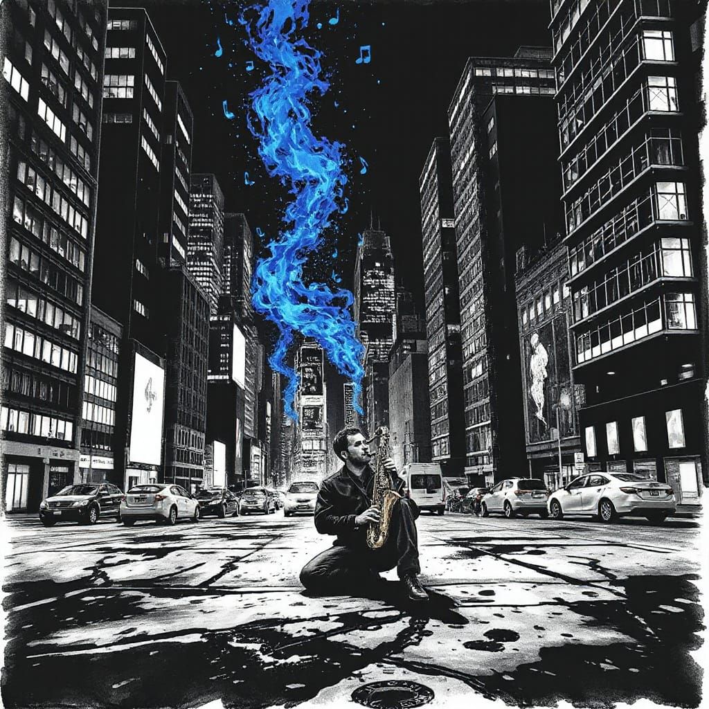Saxophonist's Blue City Serenade: Charcoal Drawing