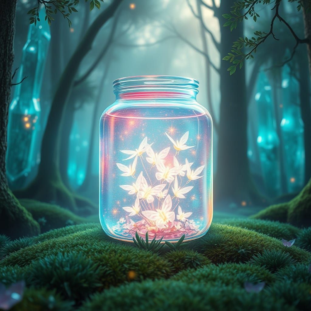 Glowing Fairies in Crystal Forest with Iridescent Jar