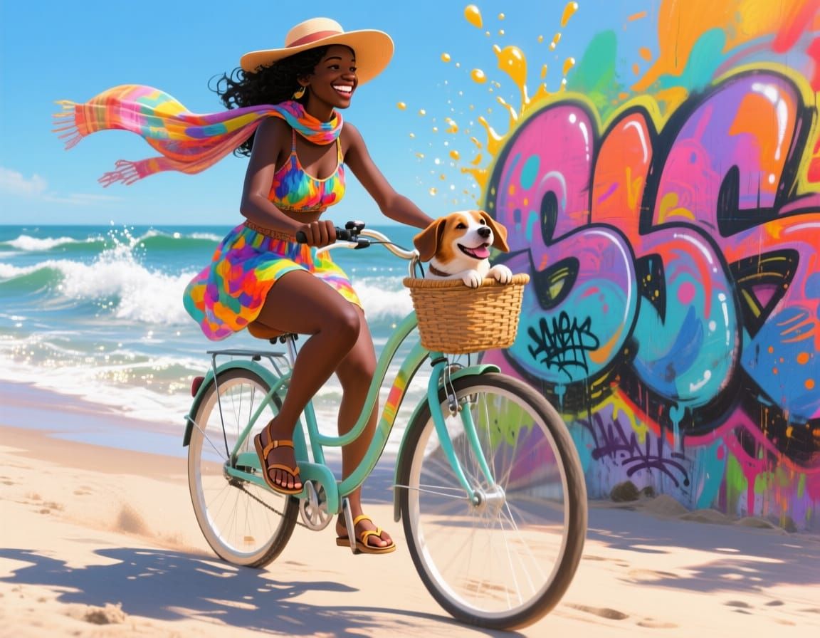 Joyful Beach Ride with Dog in Graffiti Art Style