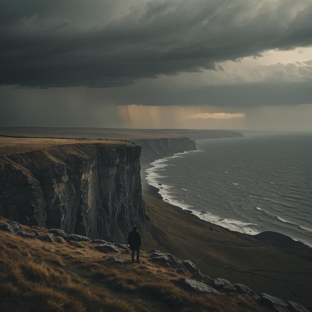 Dramatic Figure Overlooking Stormy Landscape in Cinematic St...
