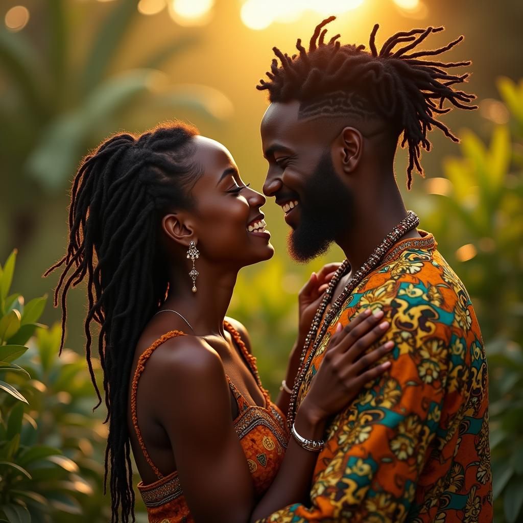 Afrofuturistic Couple Embrace: Fantasy Concept Art