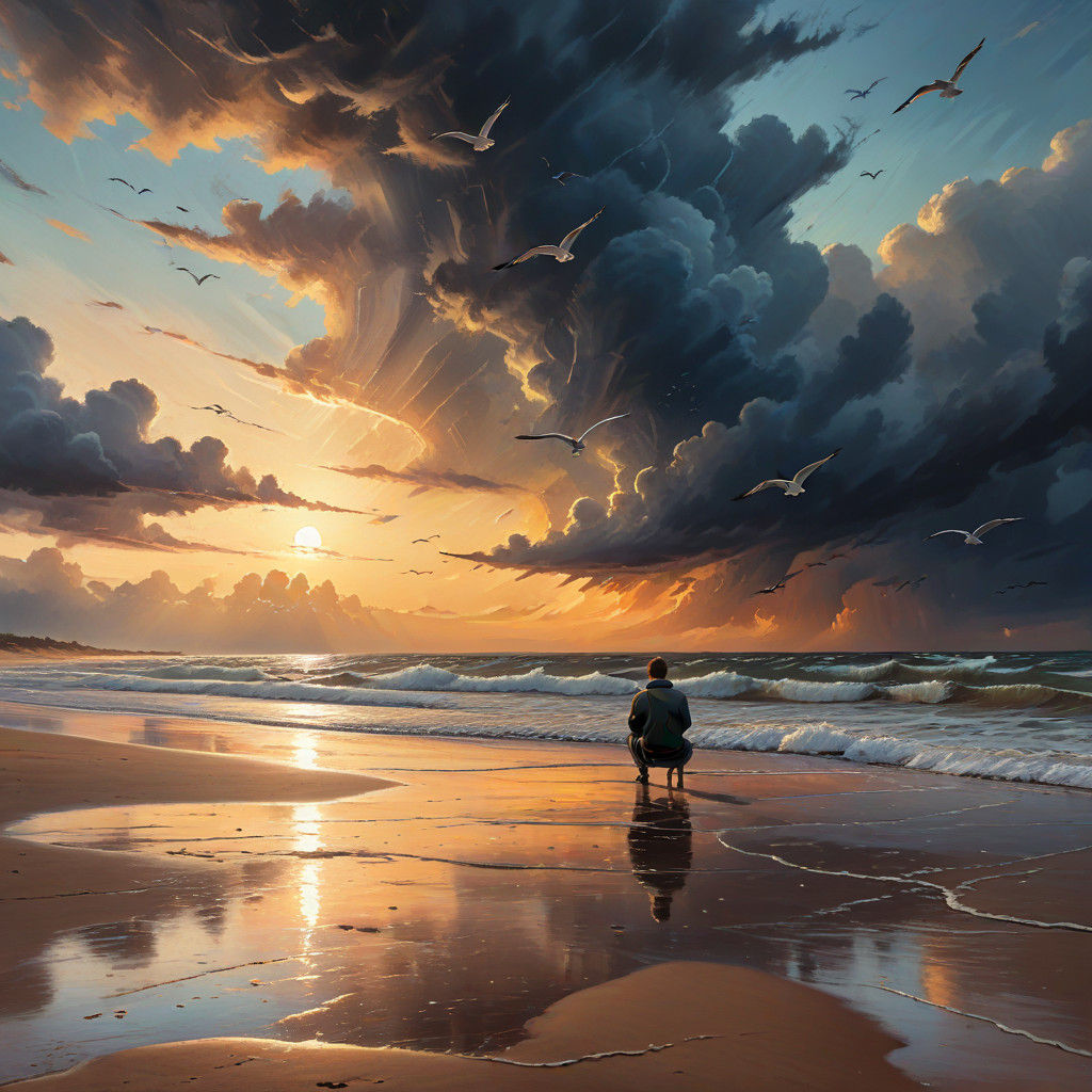 A Lonely Figure on a Desolate Beach at Sunset