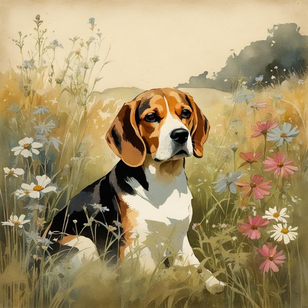 Beagle in Wildflower Field: Surreal Metallic Art