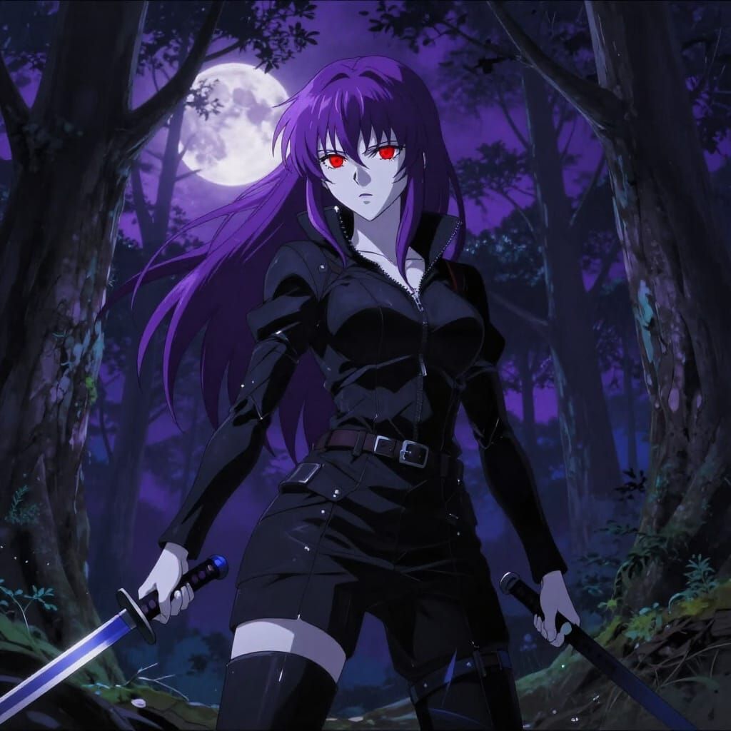 Anime Assassin with Purple Hair and Knives in Forest