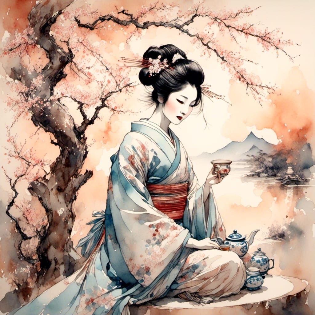 Geisha Tea Ceremony in Watercolor Style