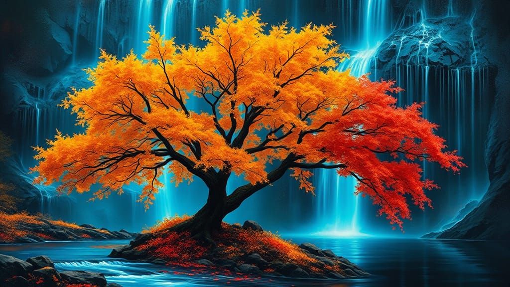 Neon Waterfall and Autumn Tree Digital Painting