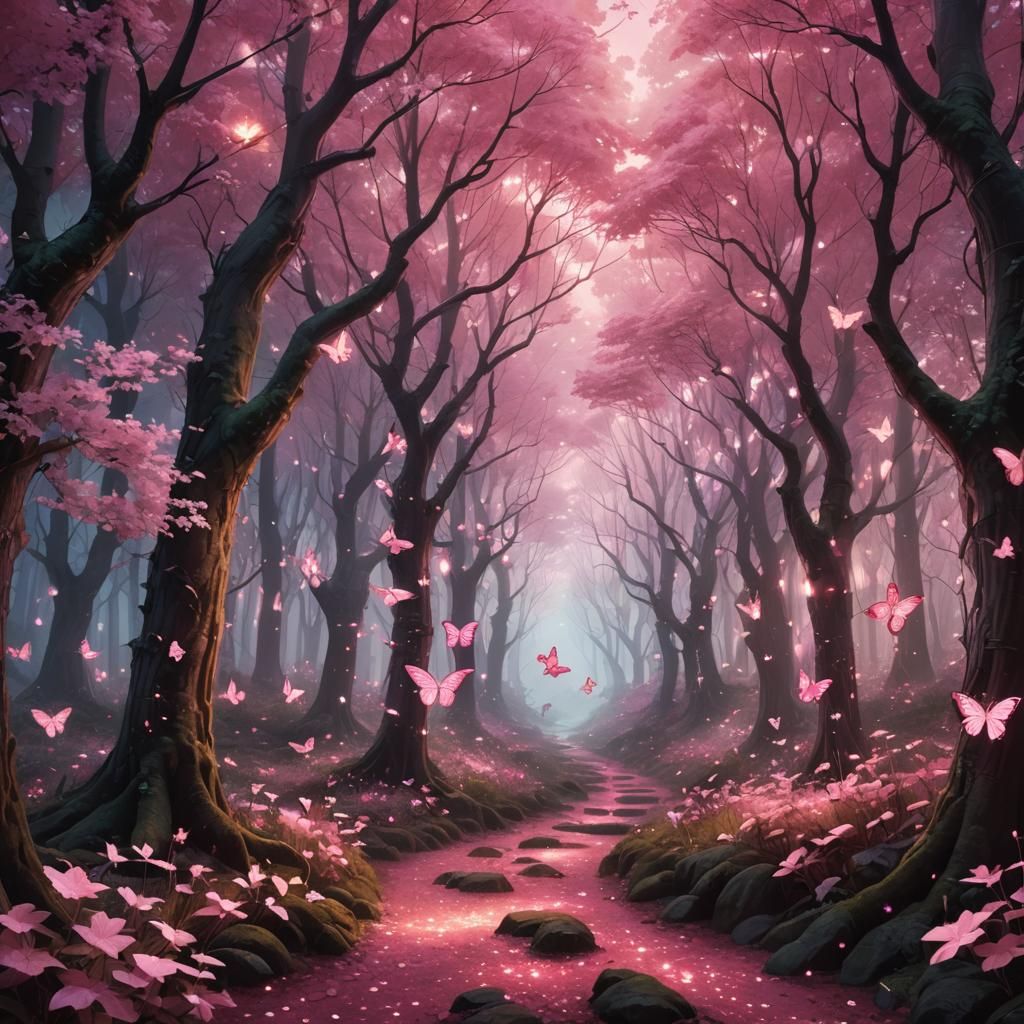 Enchanted Forest with Pink Leaves and Butterflies