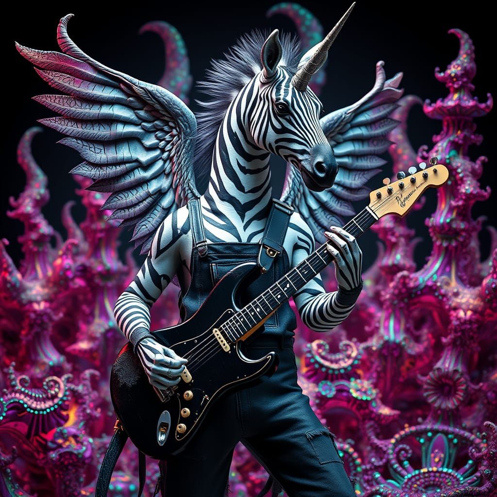 Surreal Goth Zebra Unicorn Hybrid in Cyberpunk Aesthetic