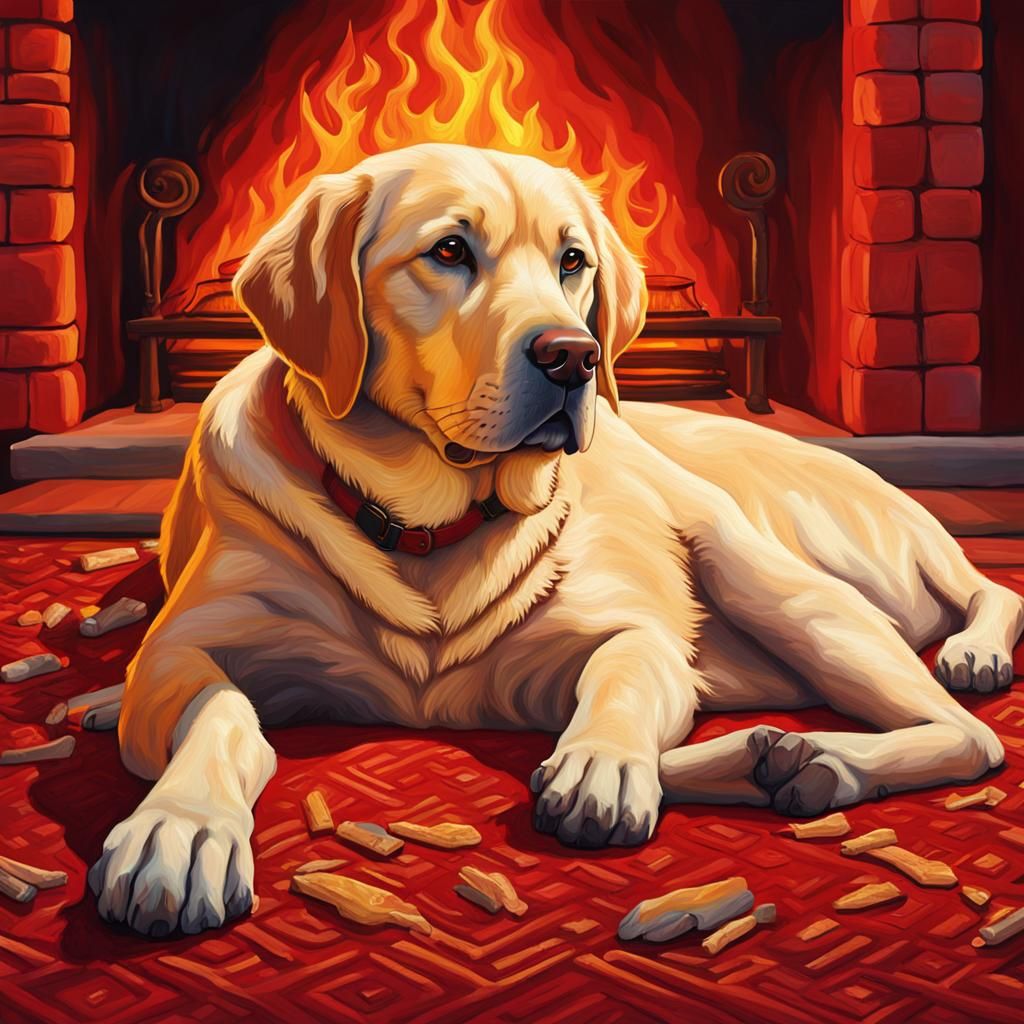 Hyperrealistic Yellow Lab Relaxing by Fireplace