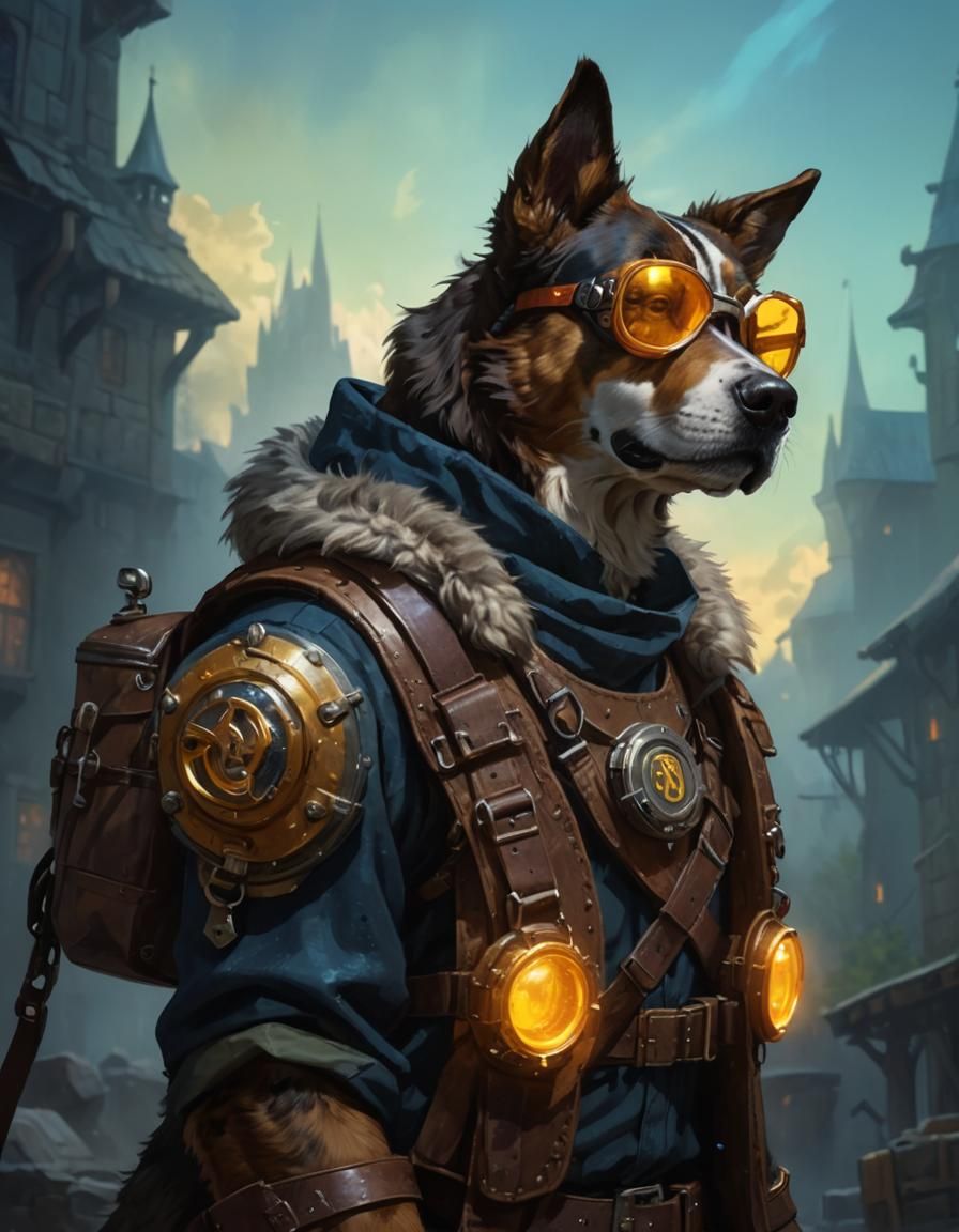 Adventurer Dog in Fantasy World with Neon Colors