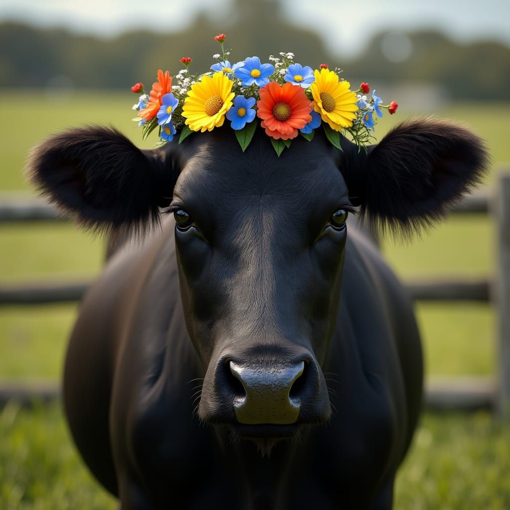 Gentle Friesian Cow with Vibrant Floral Headdress in Warm Su...