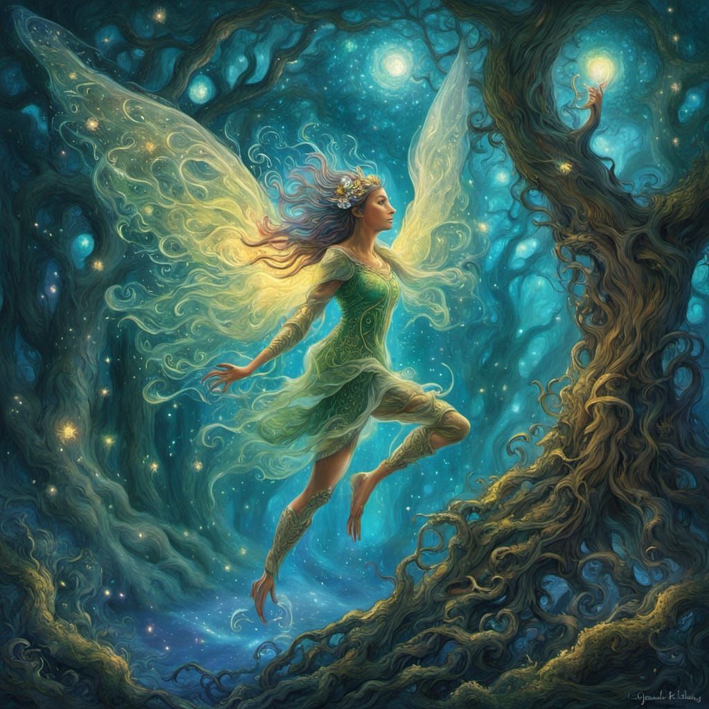 Ethereal Dryad Emerges from Ancient Tree in Fantasy Art