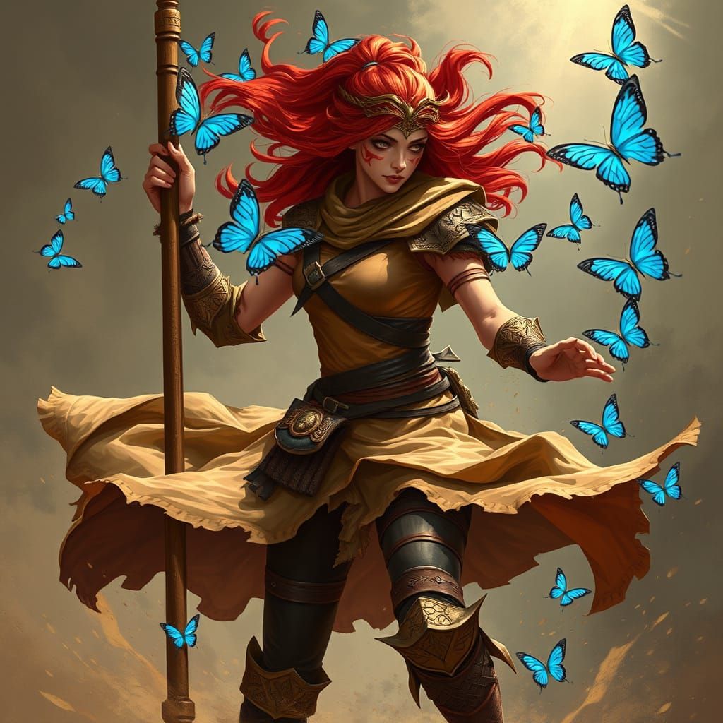 Fierce Female Warrior Dances with Fauchard Polearm Amidst Ir...