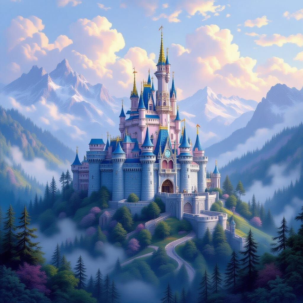 Snow White's Castle in Lush Forest, Kinkade Style