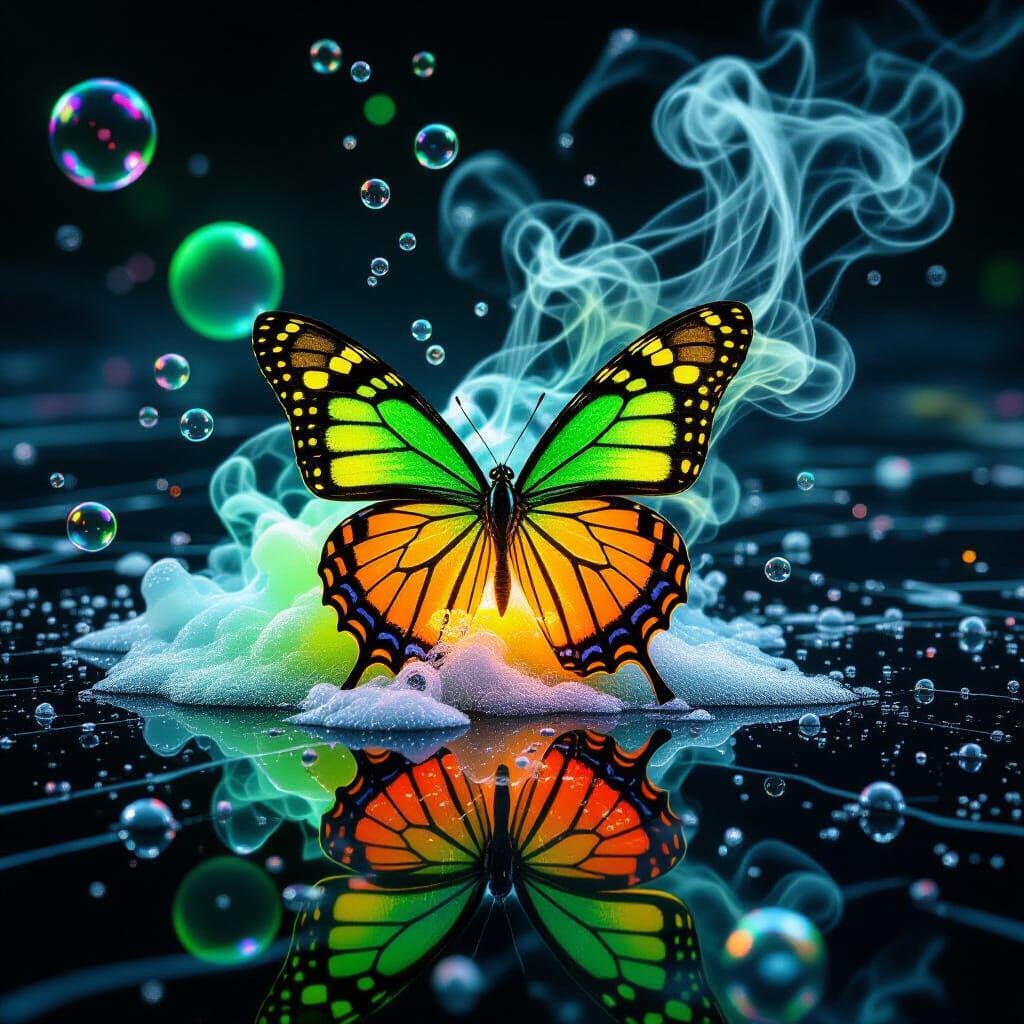 Neon Butterfly Dissolving into Aerogel Filaments