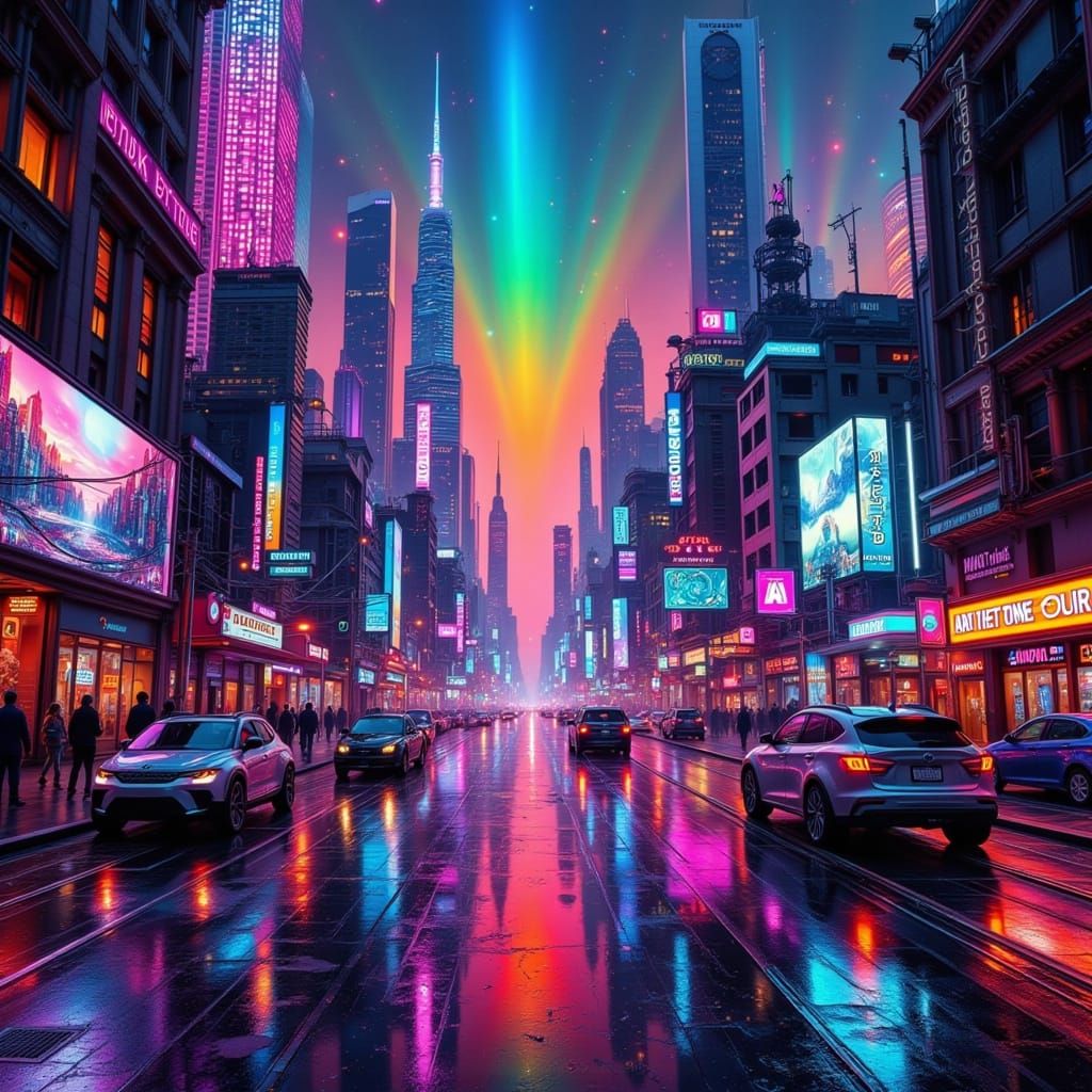 Futuristic Cityscape Radiates Vibrant Rainbow-Neon Hues