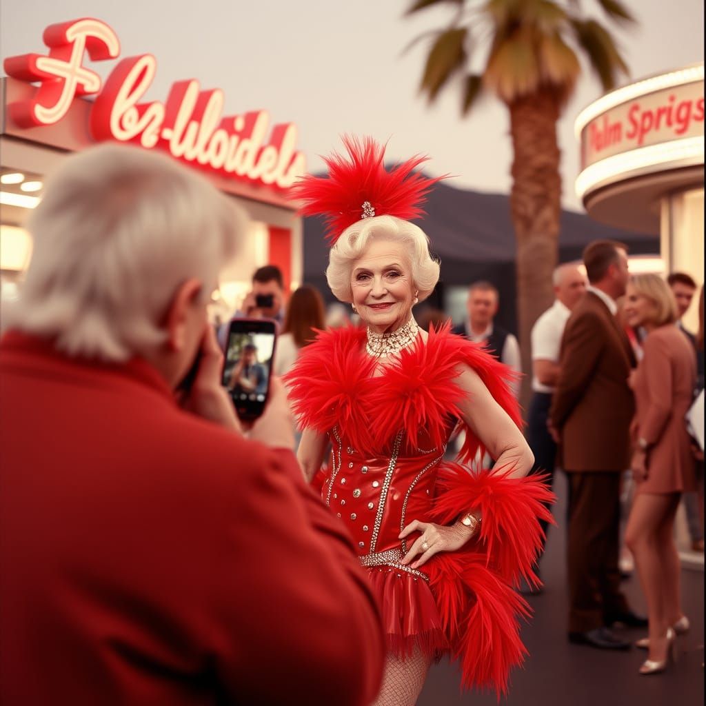 An elderly woman in the Palm Springs Follies in a fire-red s...