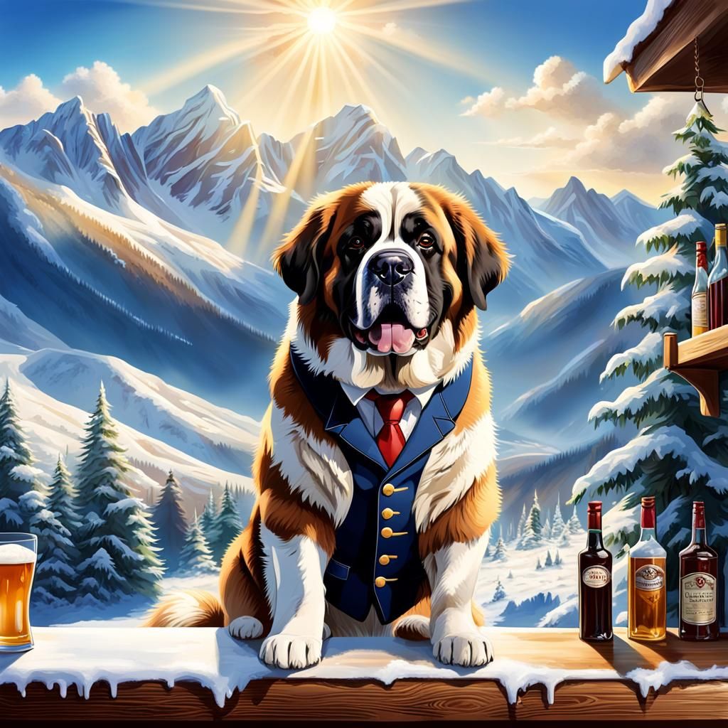 St. Bernard Barman in Snowy Mountain Scene