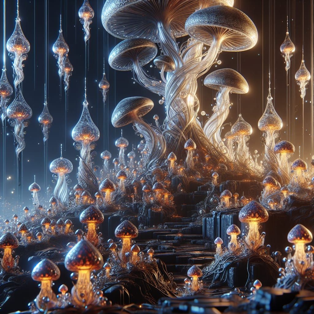 Magic Glass Mushrooms in 3D Game Style