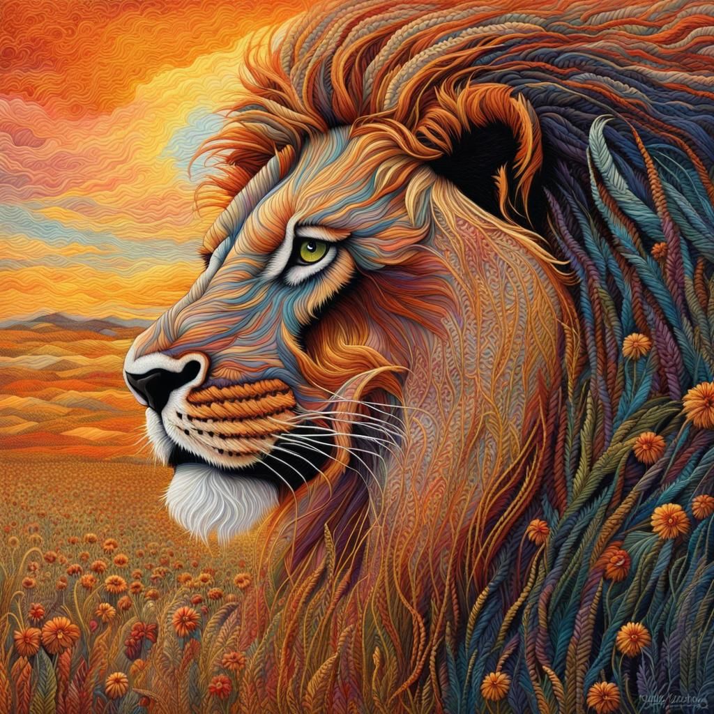 Embroidered Lion in African Plains at Sunset