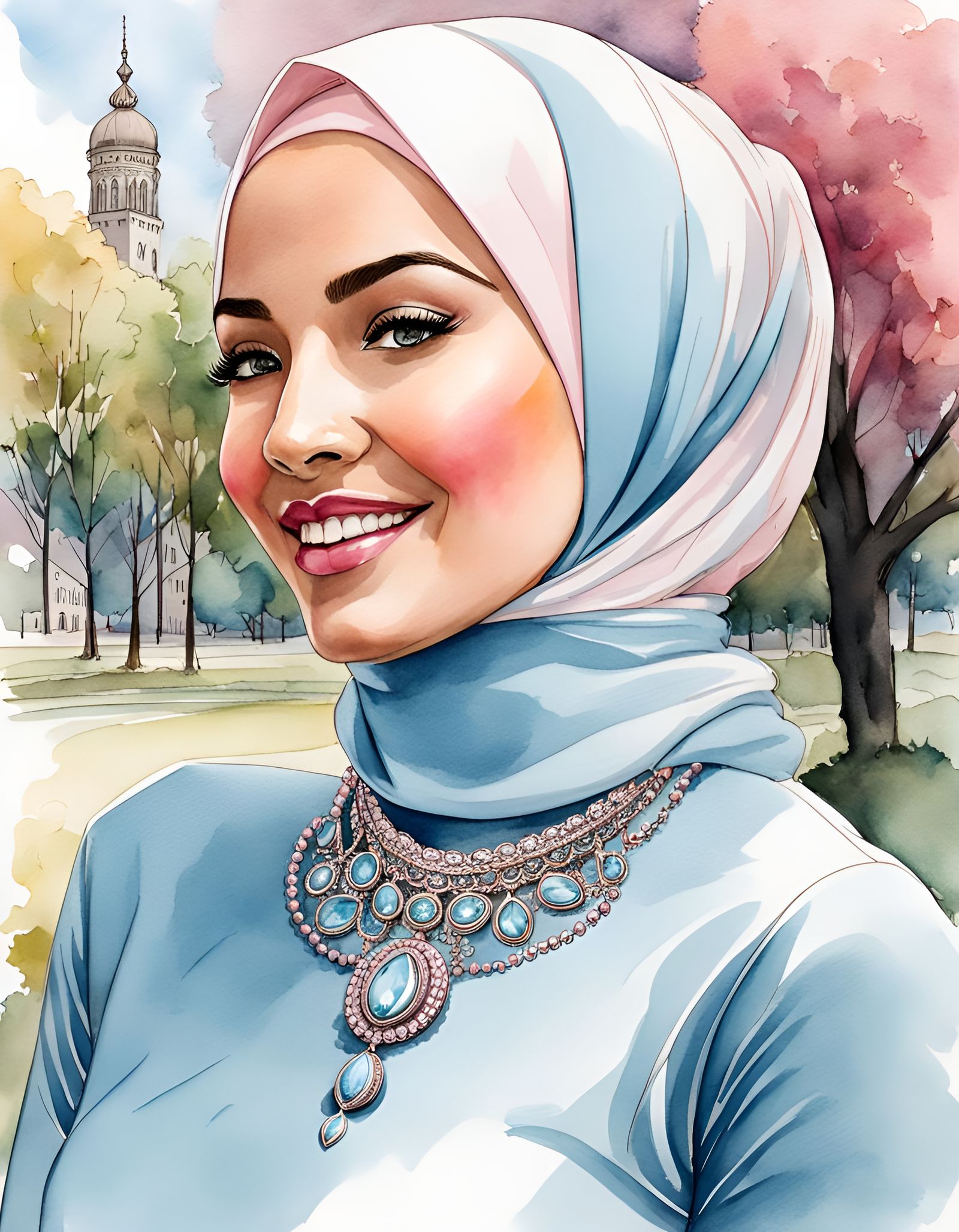 Beautiful German Woman in Hijab Watercolor Portrait