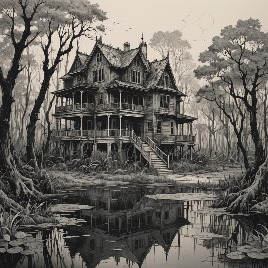Haunted Sorority House in Floridian Swamp: Ink Art