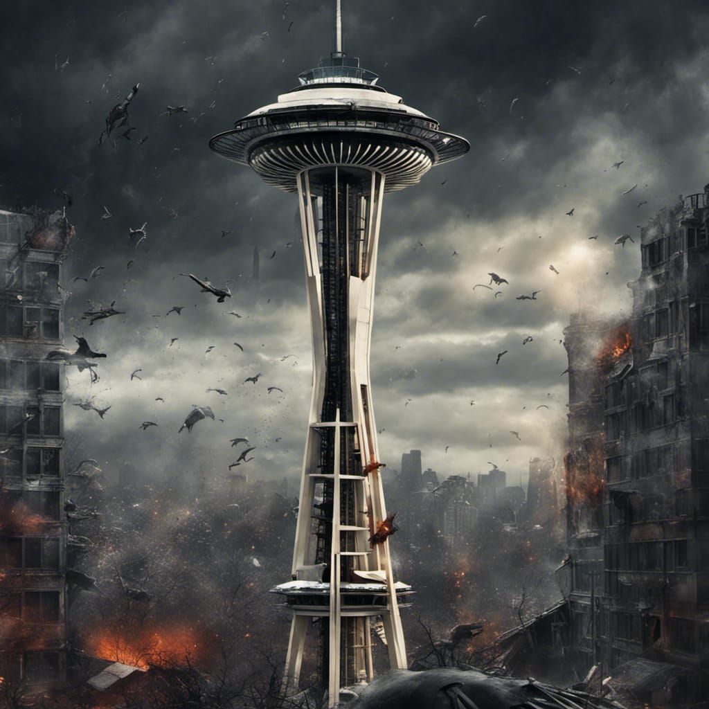 Paint the Space Needle destroyed by war, its glass windows shattered and its steel framework bend and corroded , against...