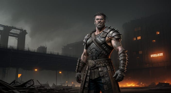 Hyperrealistic Gladiator in Industrial Arena