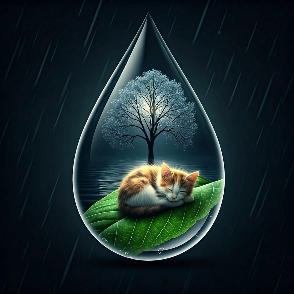 Calico Kitten's Tranquil Raindrop Paradise
