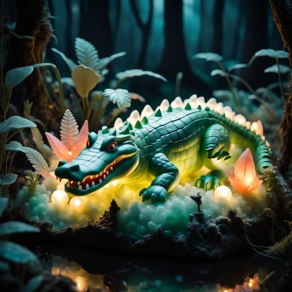 Crystal Marzipan Crocodile Sculpture in Dark Swamp