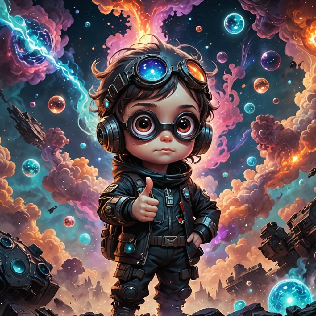 Cute Chibi Kid Thumbs Up in Nebulae, Digital Illustration