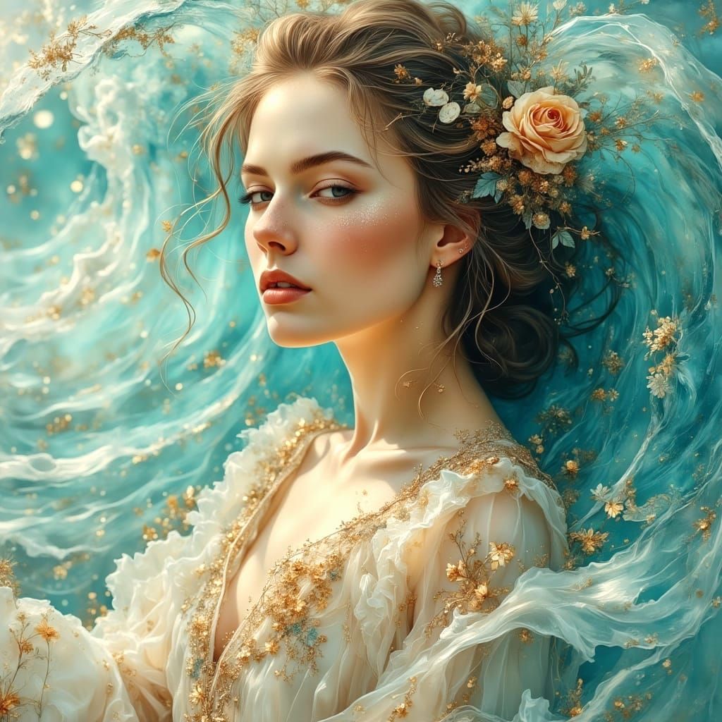 Luminous Portrait with Ocean Waves in Jewel Tones