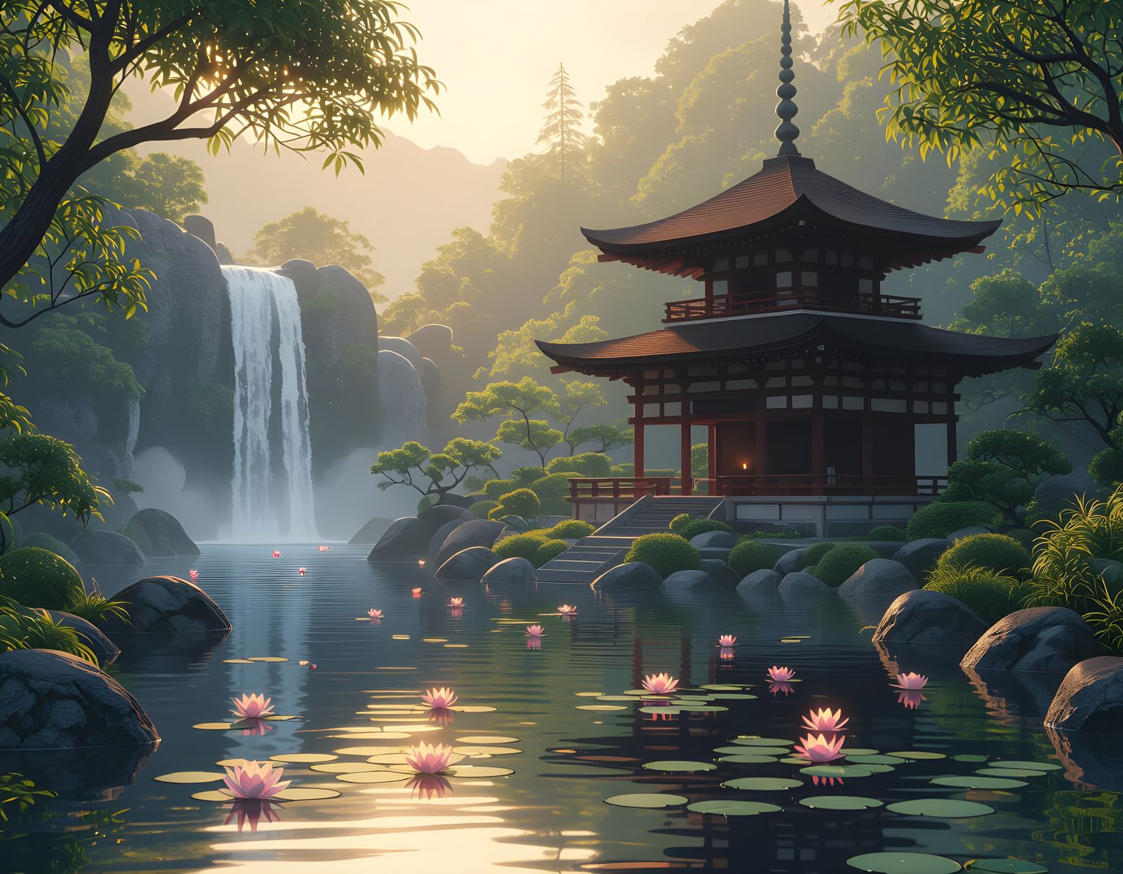 Zen Temple by Pond in 3D Anime Style