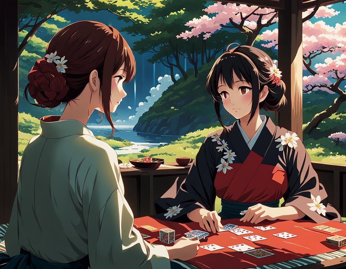Anime Girls Play Cards in Ghibli Landscape