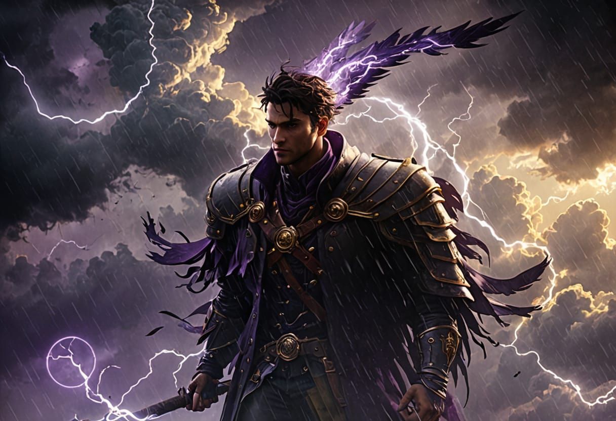 Winged Figure Soars Through Stormy Clouds