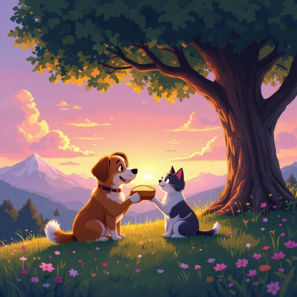 Dog and Cat Sharing Bread: Pixar-Style 3D Scene