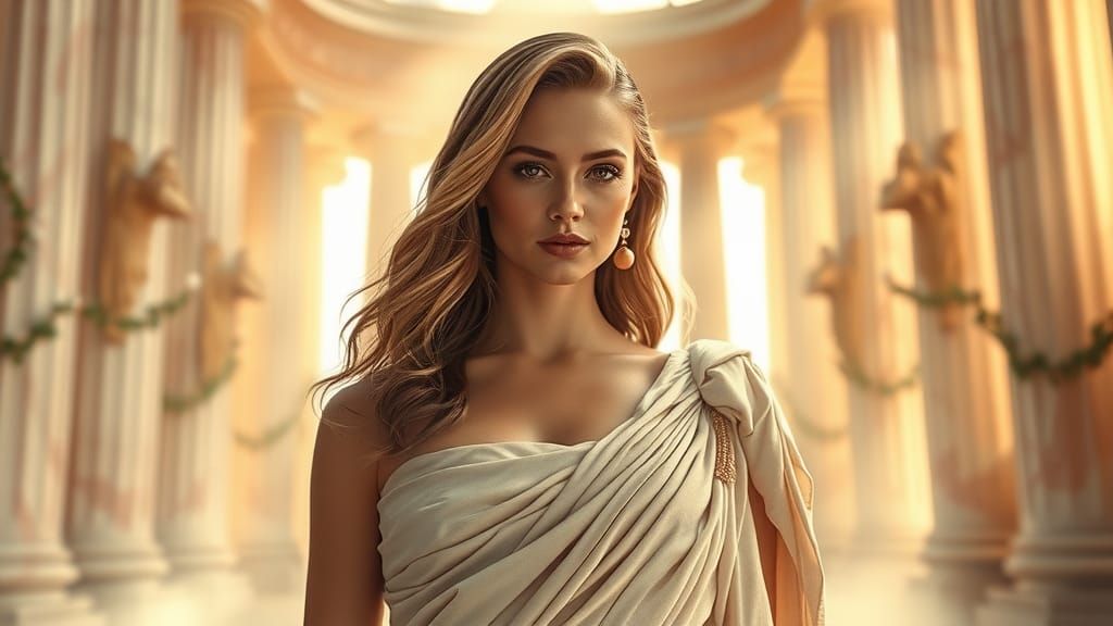 Majestic Greek Goddess in Ethereal Temple Setting