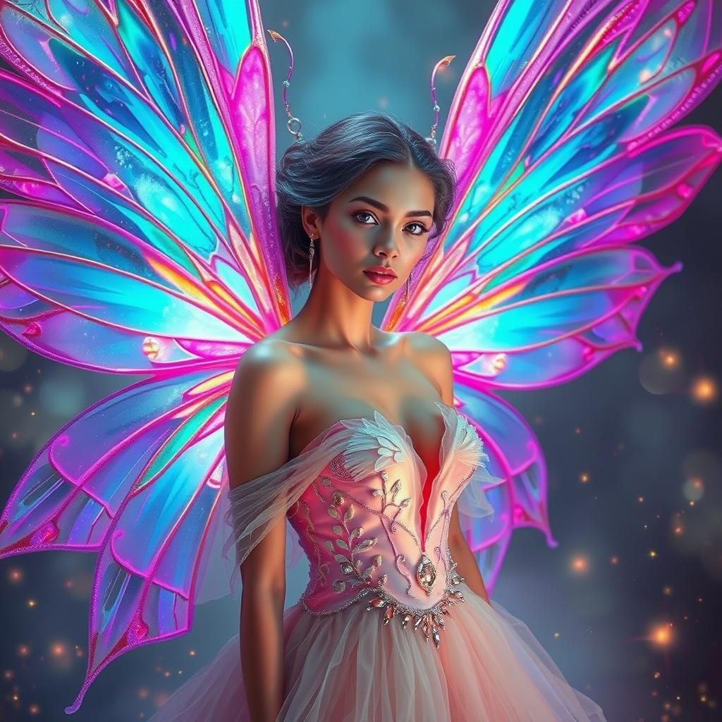 Black Fairy with Neon Wings in Dreamy Forest