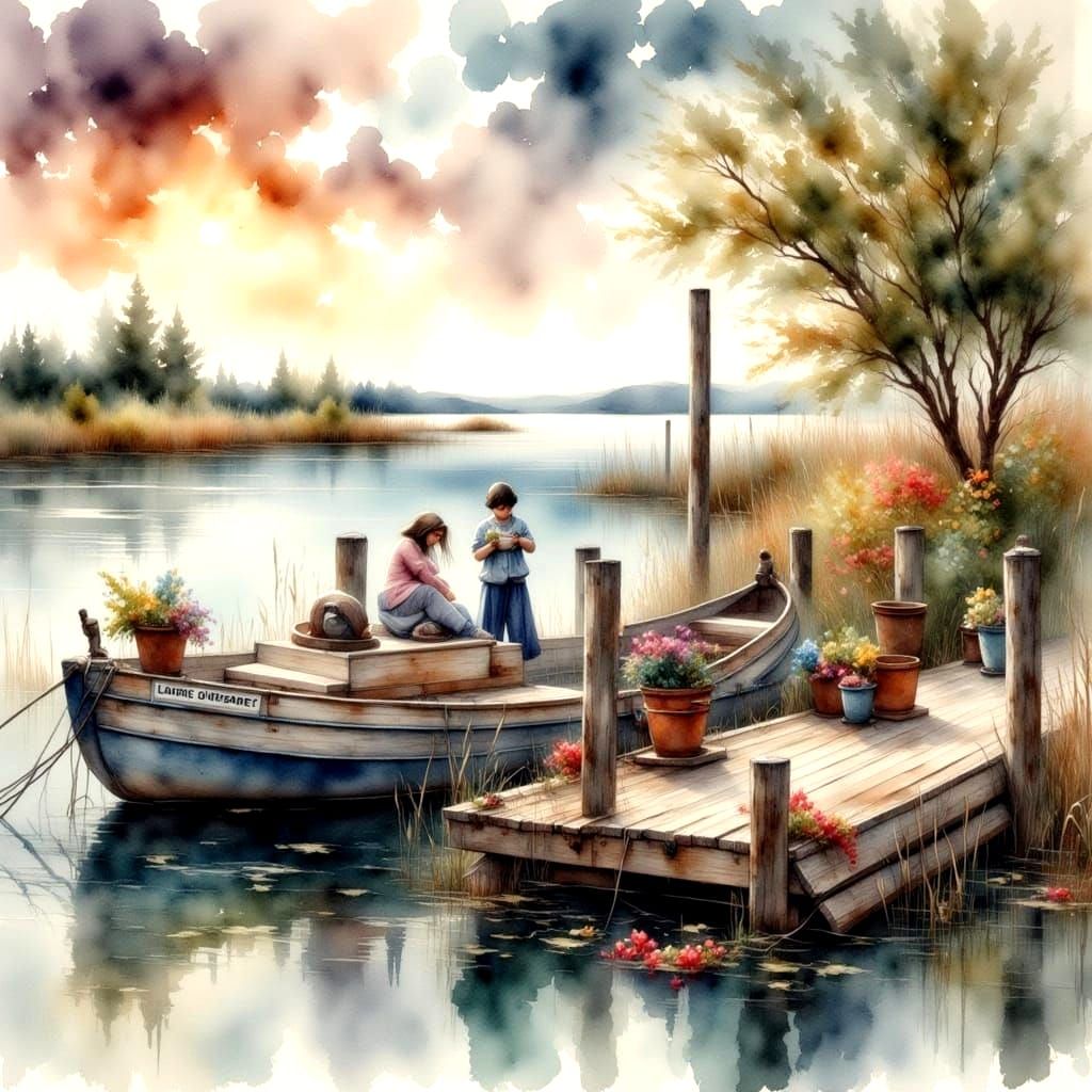 Dock View in Antique Watercolor Style
