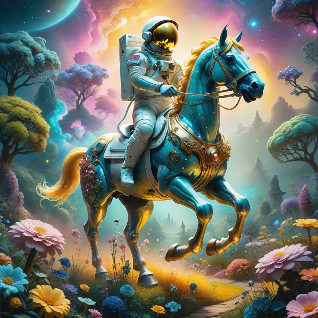 Astronaut on Alien Horse in Surreal Garden