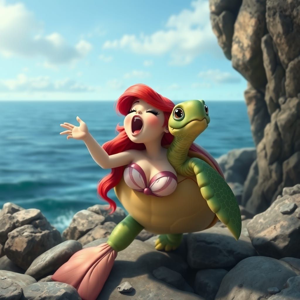 Sea Turtle Mermaid Singing on Rocky Bluffs