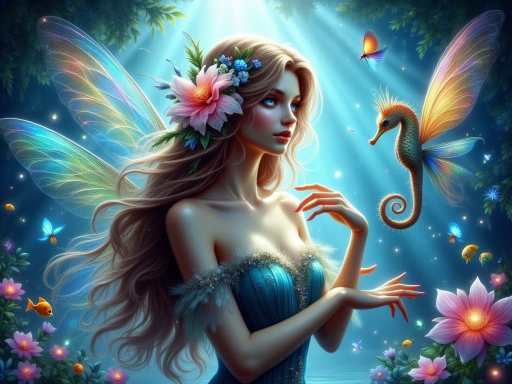 Enchanted Fairy in Bioluminescent Underwater Forest