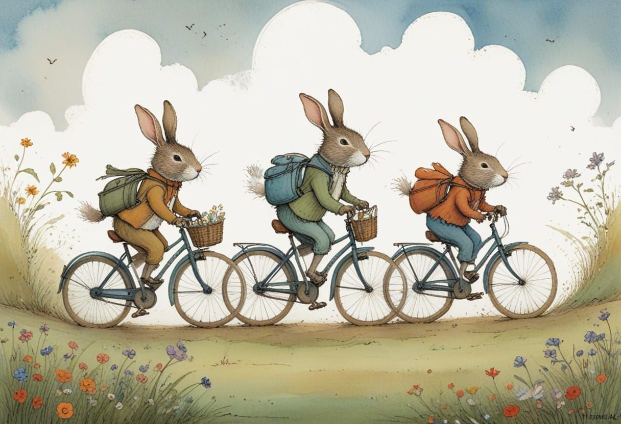 Bunnies Pedal Through a Vibrant Landscape in Whimsical Style
