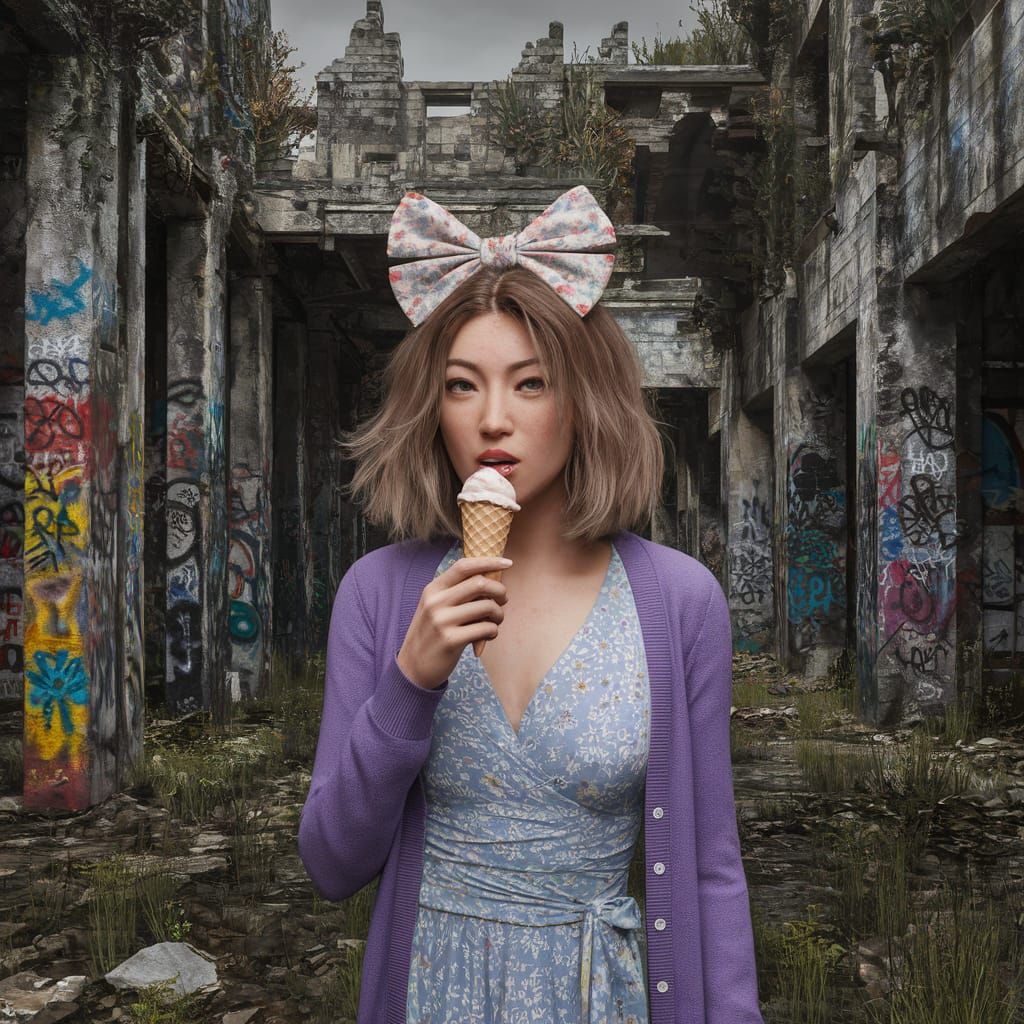 Woman Eats Ice Cream in Post-Apocalyptic Ruins