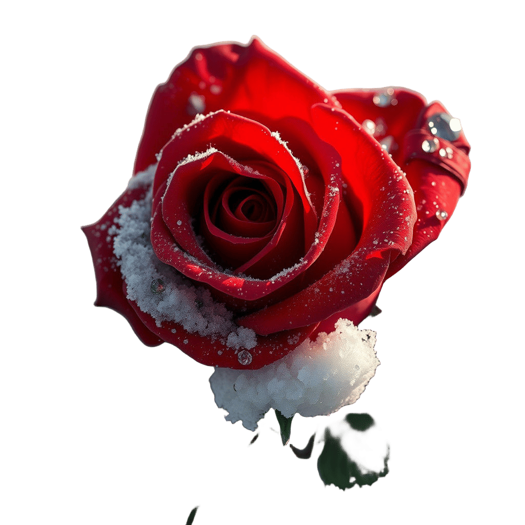 Glistening Red Rose in Snow with Gems