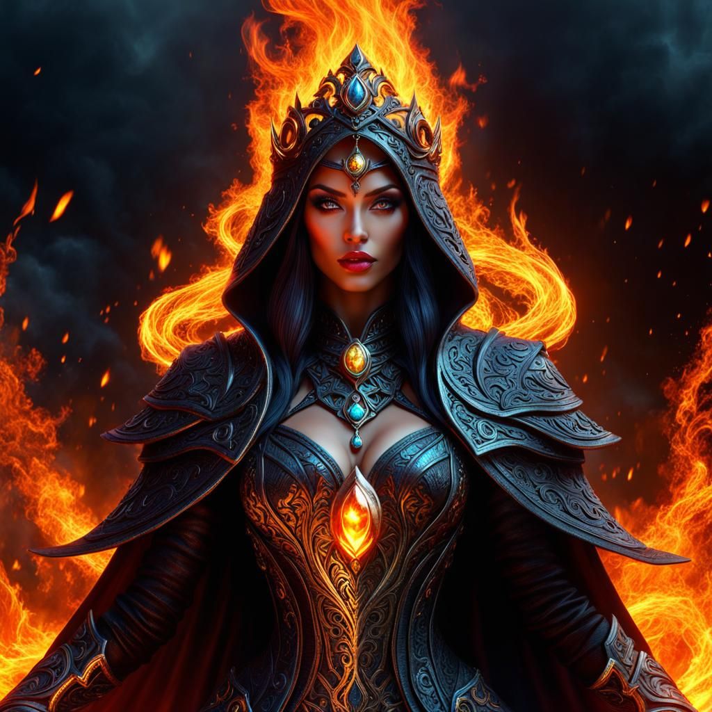 Majestic Fire Sorceress in Dark Fantasy Style