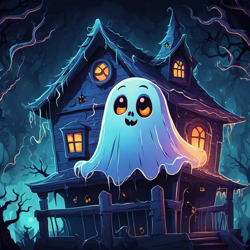 Cute Boo Ghost in Haunted House