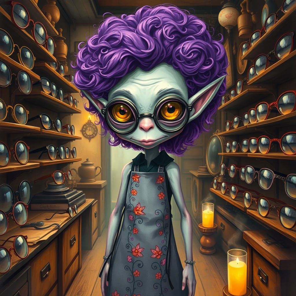 Whimsical Alien Amidst Vintage Eyeglasses in Dreamlike Setti...