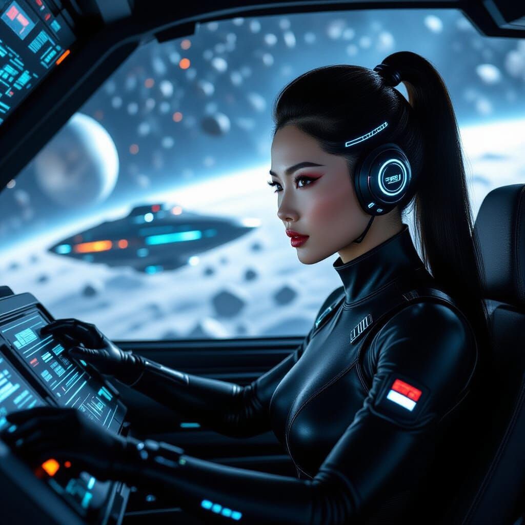 Confident Woman Piloting Spaceship in Hyperrealistic Film St...