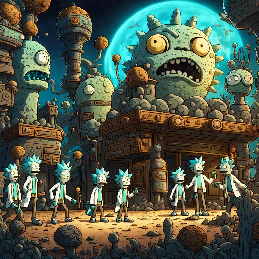Rick Sanchez and the Sheradors in Hyperrealistic Style